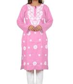 Lavangi Women's Lucknow Chikan Embroidery Work Khadi Cotton Kurti (Pink)