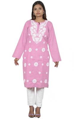 Lavangi Women's Lucknow Chikan Embroidery Work Khadi Cotton Kurti (Pink) 2