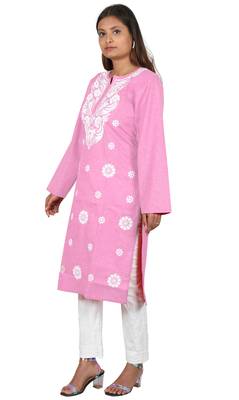 Lavangi Women's Lucknow Chikan Embroidery Work Khadi Cotton Kurti (Pink) 3