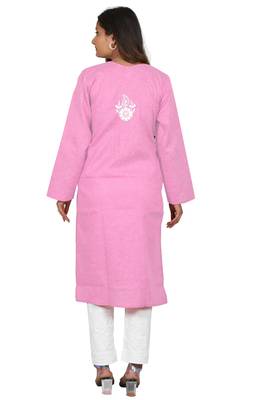 Lavangi Women's Lucknow Chikan Embroidery Work Khadi Cotton Kurti (Pink) 4