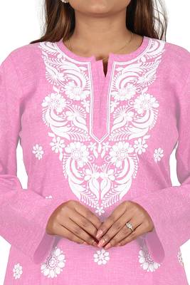 Lavangi Women's Lucknow Chikan Embroidery Work Khadi Cotton Kurti (Pink) 5