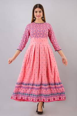 Pink printed viscose rayon long-dresses 1