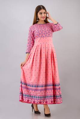 Pink printed viscose rayon long-dresses 2