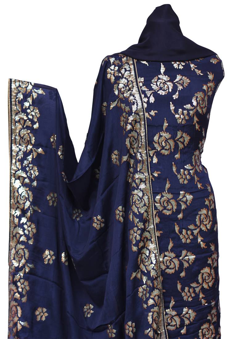 Chinon Silk Navy Blue Sequins Work Unstitched Suit Set