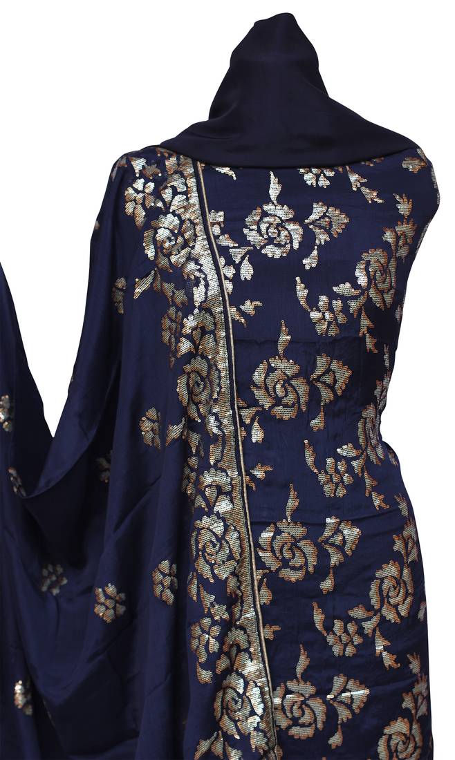 Chinon Silk Navy Blue Sequins Work Unstitched Suit Set