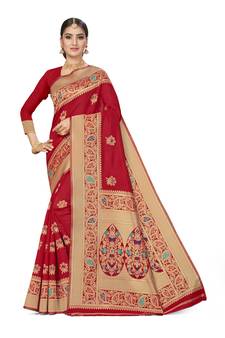Red Woven  Art Silk Saree With Blouse