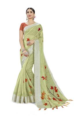 Green woven linen saree with blouse 1