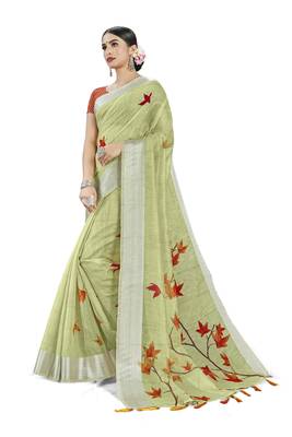 Green woven linen saree with blouse 2