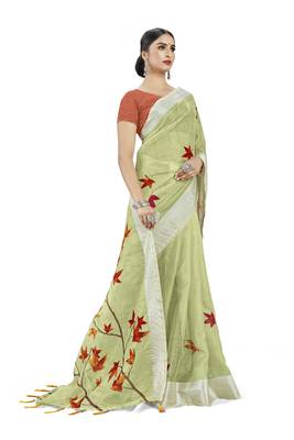 Green woven linen saree with blouse 3