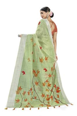 Green woven linen saree with blouse 4