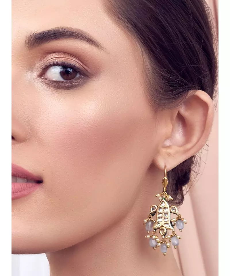 Orange White Grey Gold Tone polki Studded Earrings