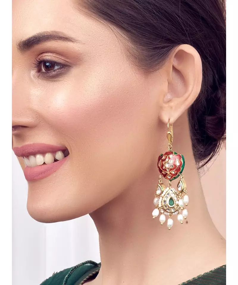 Red and Gold Tone Meenakari Kundan Earrings