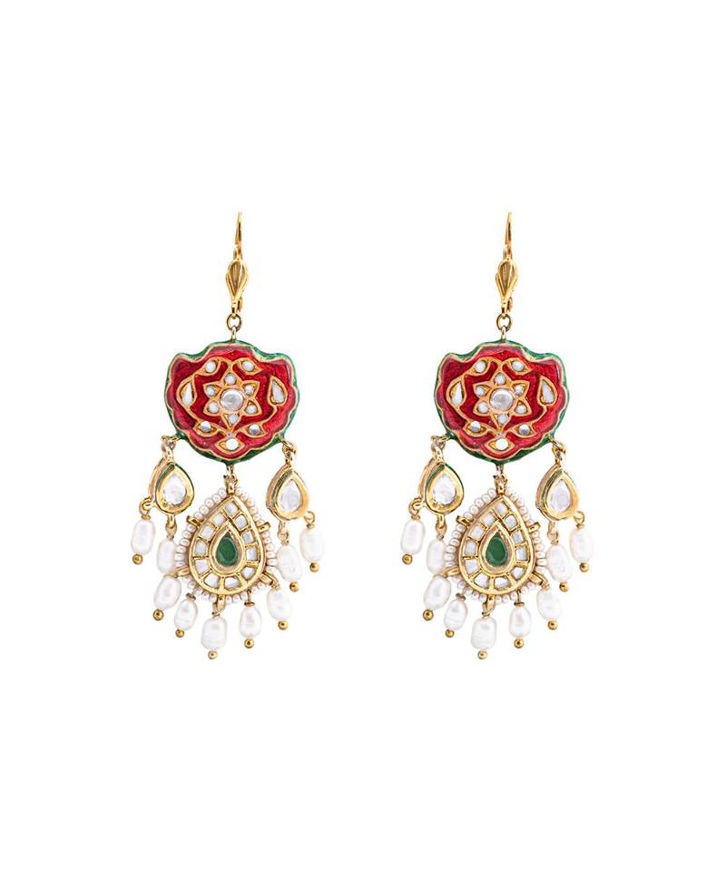 Red and Gold Tone Meenakari Kundan Earrings