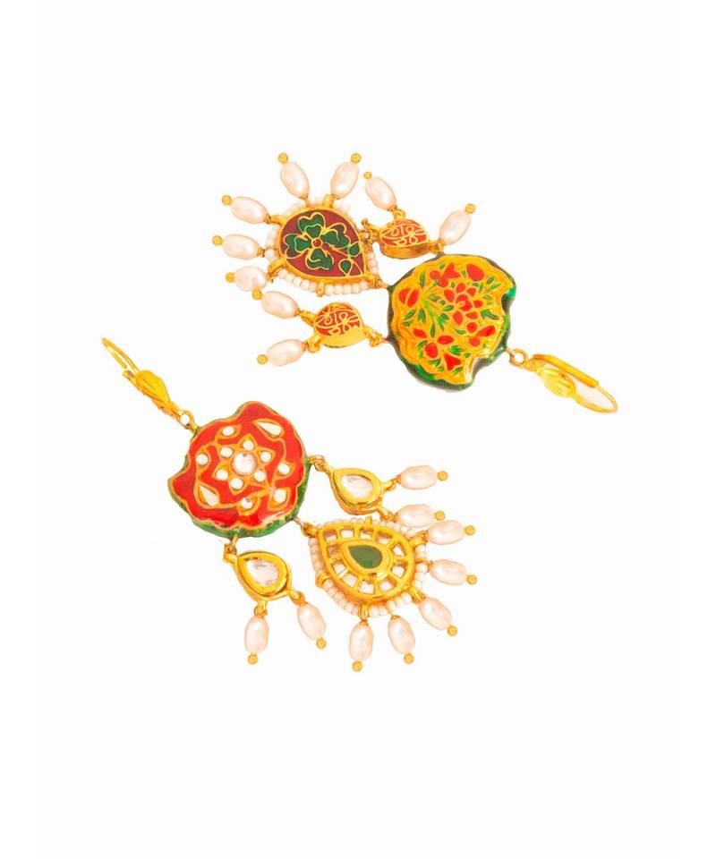 Red and Gold Tone Meenakari Kundan Earrings