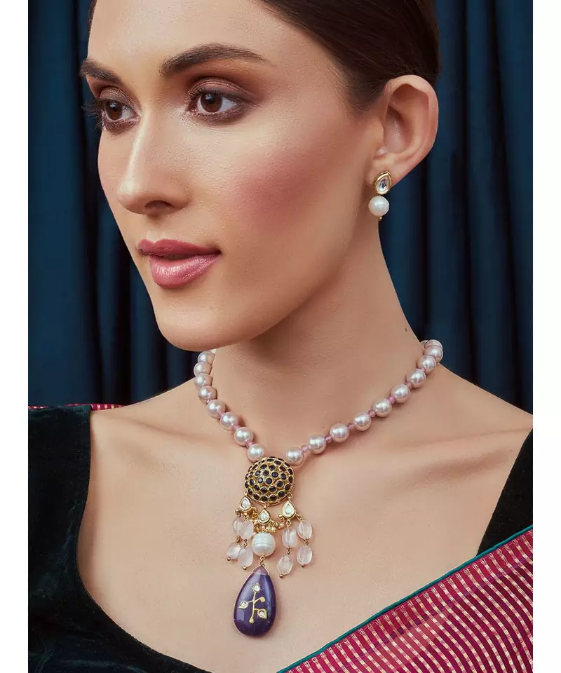 Pink White Blue Gold Tone Necklace Set