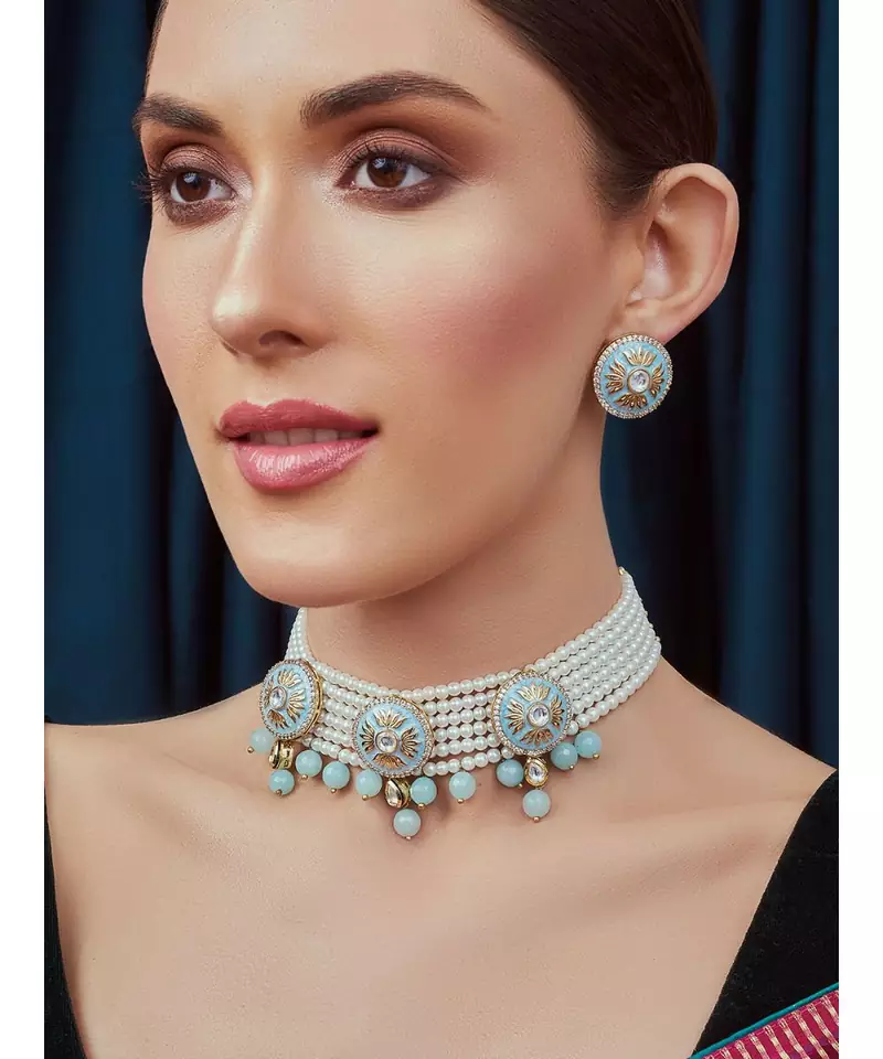 Blue White Gold Tone Meenakari Pearl Necklace Set
