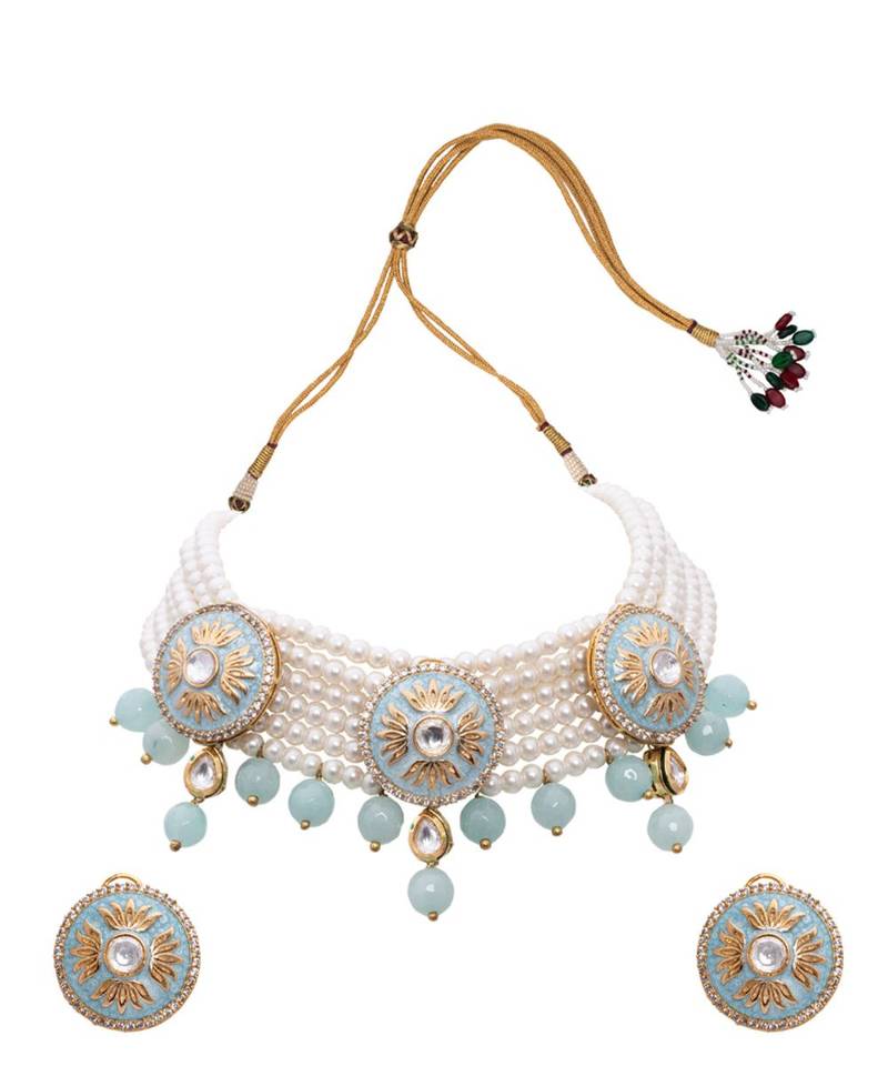 Blue White Gold Tone Meenakari Pearl Necklace Set