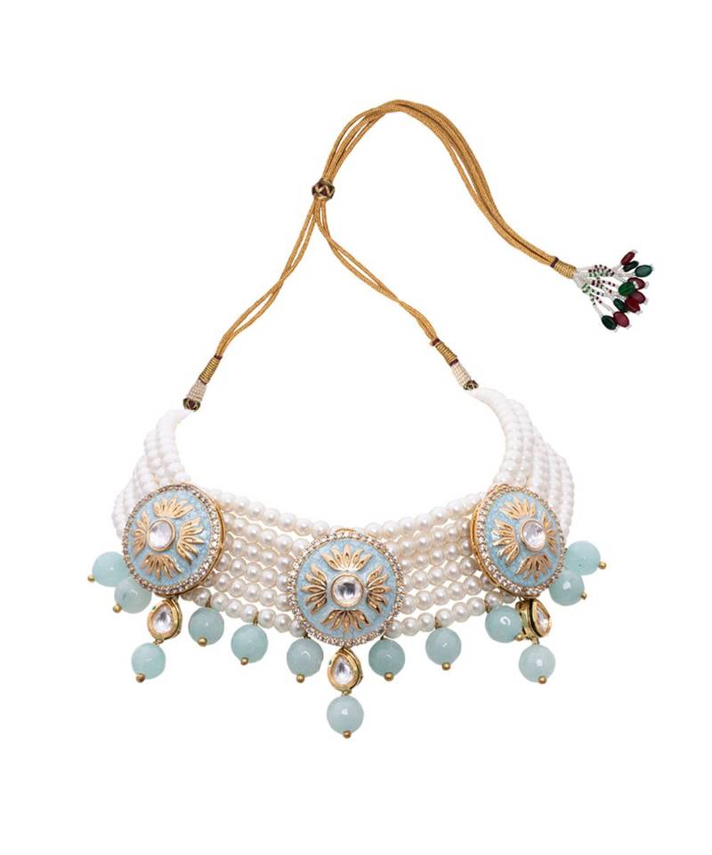 Blue White Gold Tone Meenakari Pearl Necklace Set