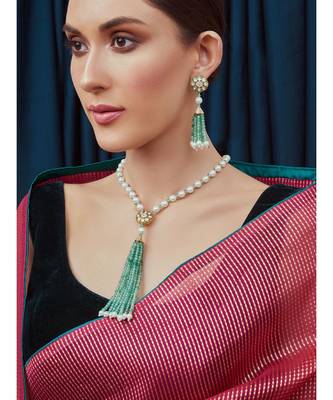 Green White Gold Tone Kundan Necklace Set 1
