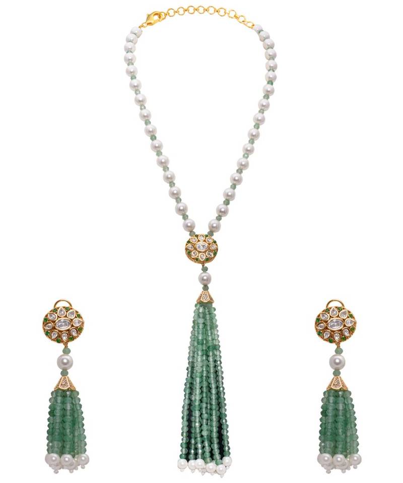 Green White Gold Tone Kundan Necklace Set