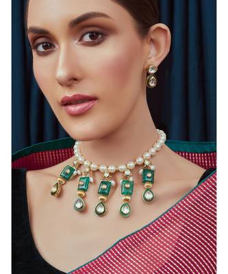 White Green Gold Tone Kundan Bridal Necklace Set 1