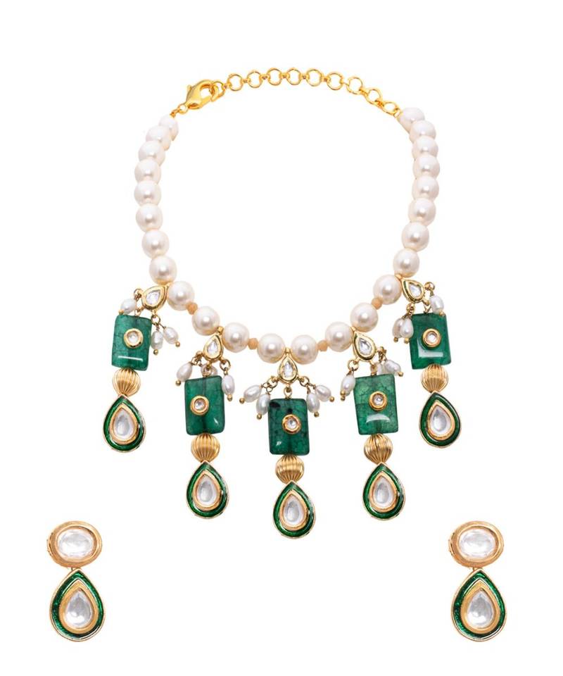 White Green Gold Tone Kundan Bridal Necklace Set