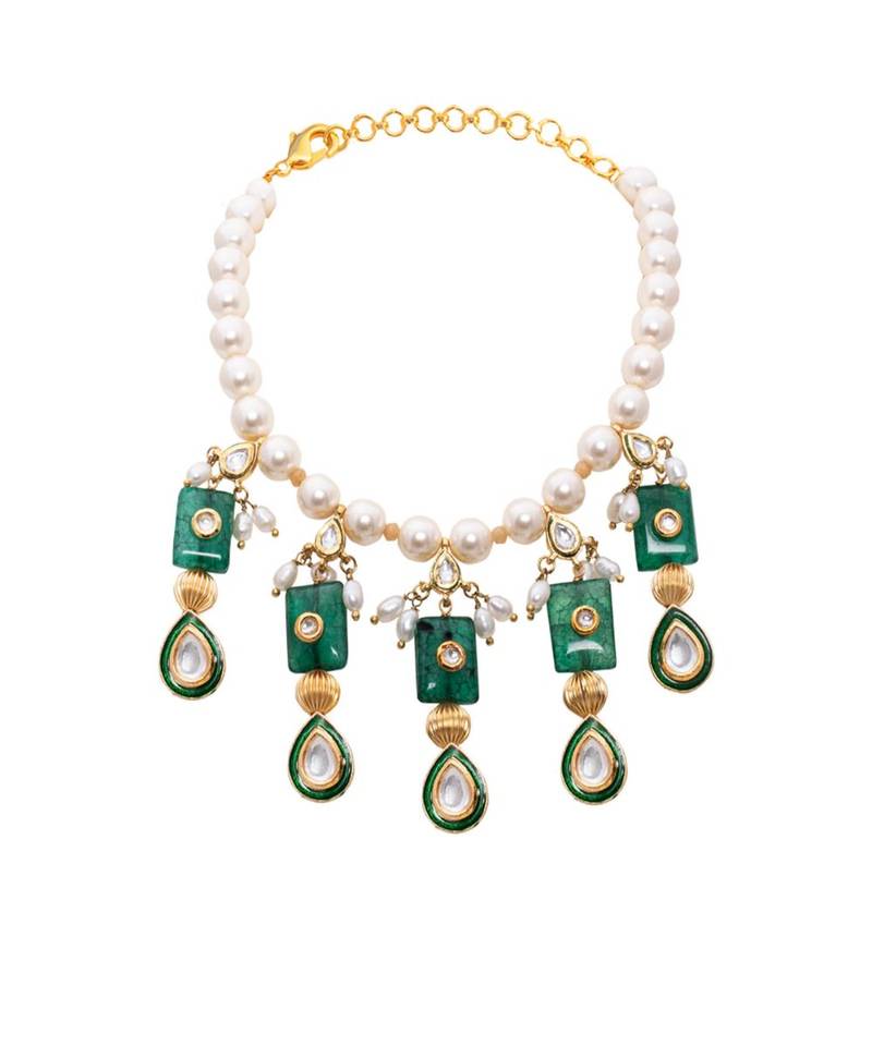 White Green Gold Tone Kundan Bridal Necklace Set