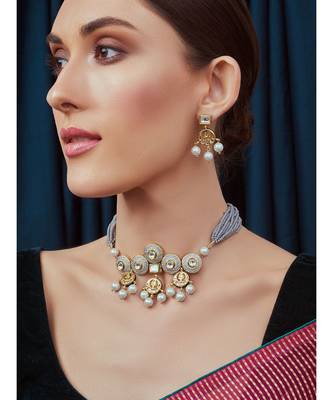 Grey Gold Tone Meenkari Kundan Necklace Set 1