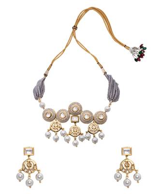 Grey Gold Tone Meenkari Kundan Necklace Set 2