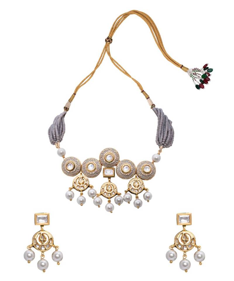 Grey Gold Tone Meenkari Kundan Necklace Set