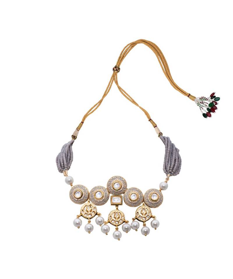 Grey Gold Tone Meenkari Kundan Necklace Set