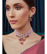 Pink Gold Tone Beaded Kundan Necklace Set