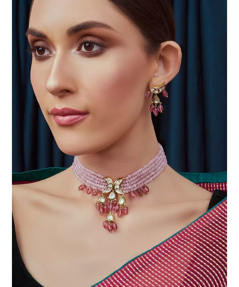 Pink Gold Tone Beaded Kundan Necklace Set