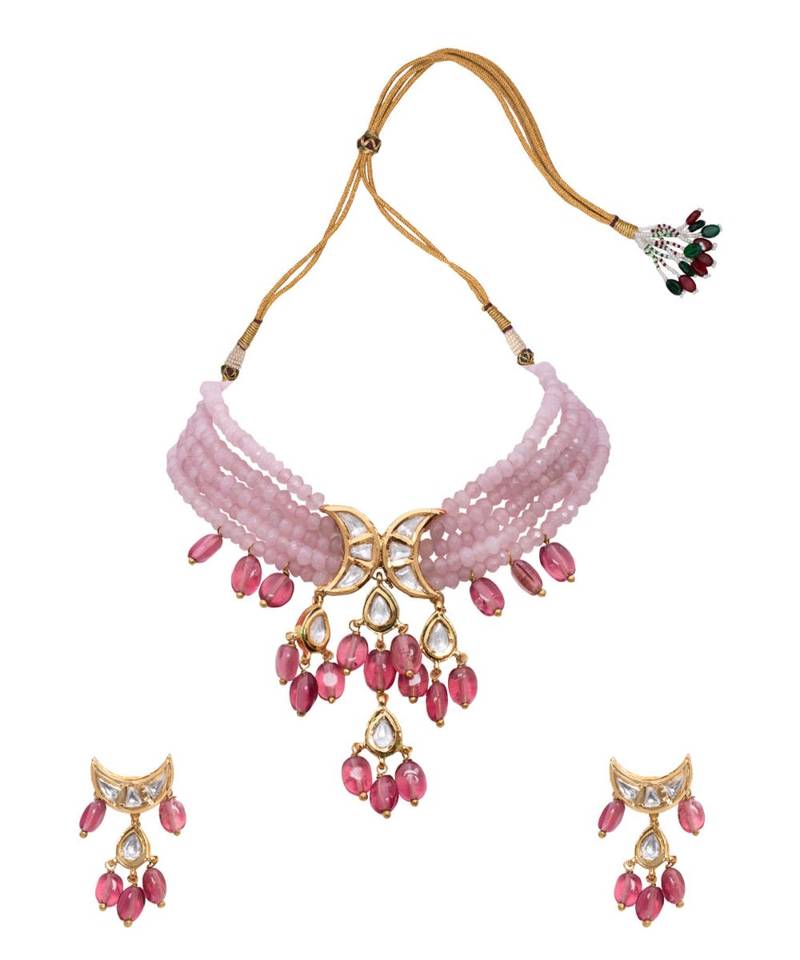 Pink Gold Tone Beaded Kundan Necklace Set