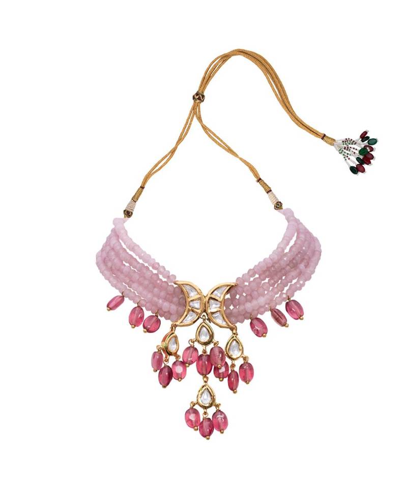 Pink Gold Tone Beaded Kundan Necklace Set