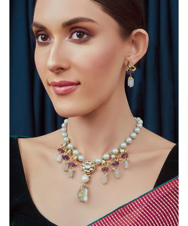 Amethyst Blue Gold Tone Kundan Necklace
