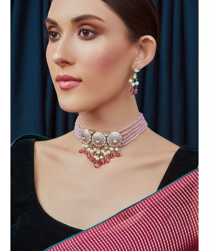 Pink White Gold Tone Meenkari Necklace Set