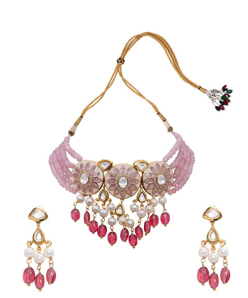 Pink White Gold Tone Meenkari Necklace Set