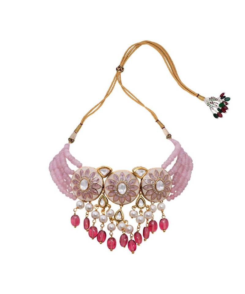 Pink White Gold Tone Meenkari Necklace Set