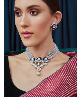 Blue Grey and White Pearl Necklace Set 1