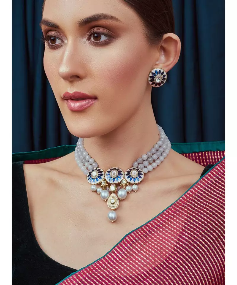 Blue Grey and White Pearl Necklace Set