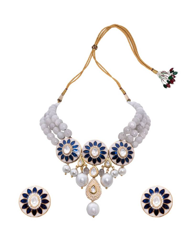 Blue Grey and White Pearl Necklace Set