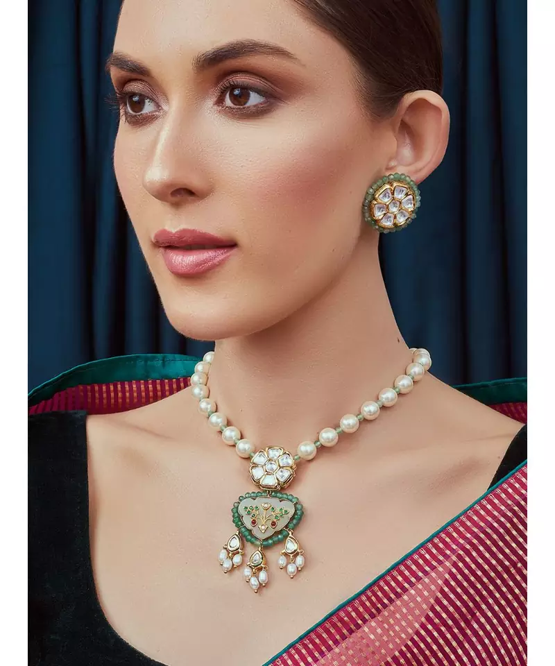 Green and White Pearl Kundan Necklace Set
