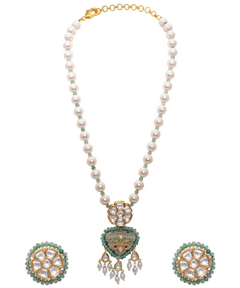 Green and White Pearl Kundan Necklace Set