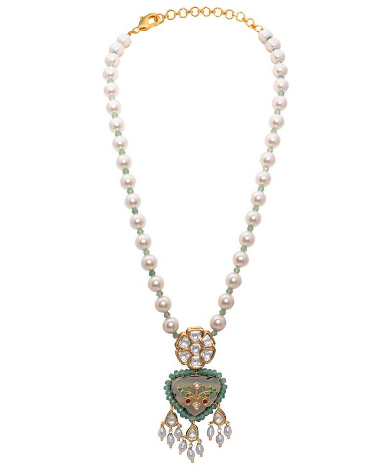 Green and White Pearl Kundan Necklace Set