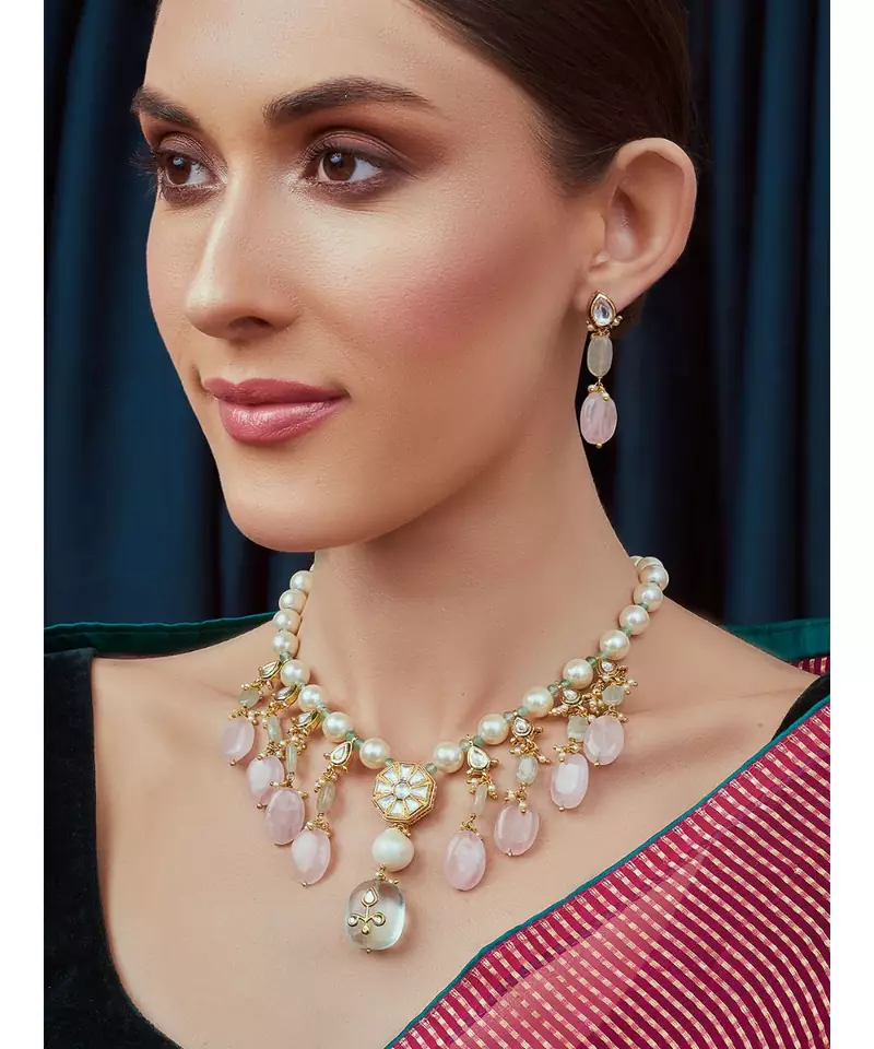 Pink Blue and White Kundan Necklace Set