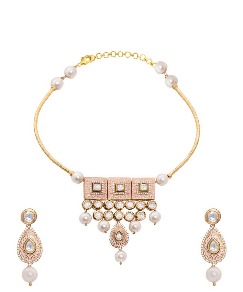 Pink White Gold Tone Meenakari Necklace Set