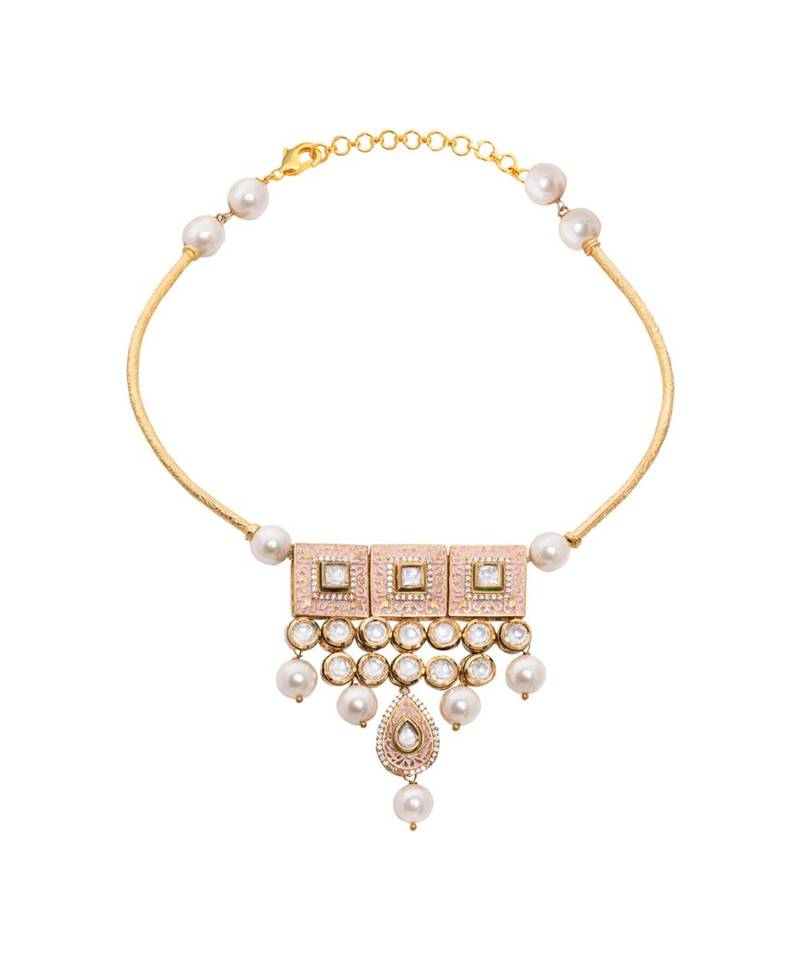 Pink White Gold Tone Meenakari Necklace Set