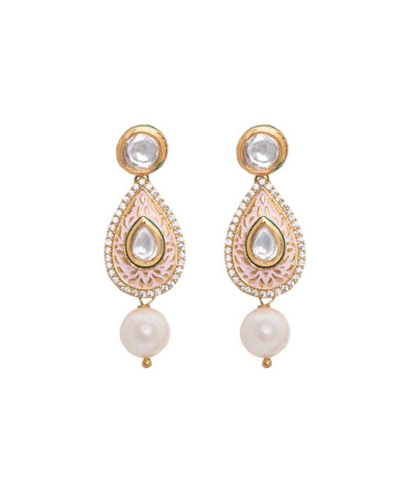 Pink White Gold Tone Meenakari Necklace Set