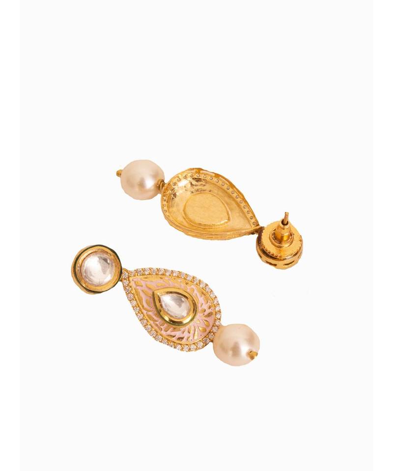 Pink White Gold Tone Meenakari Necklace Set